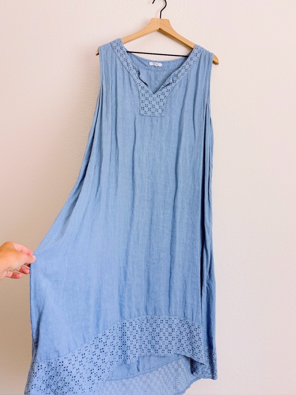 ROSEMARINE 100% Italian Linen Eyelet Placket And Hem Sleeveless Dress